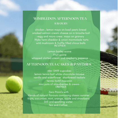 Wimbledon Tennis Afternoon Tea - Event Catering London & M25 - cakery wonderland eventscakery wonderlandcakery wonderlandafternoon teasw19delivedtra